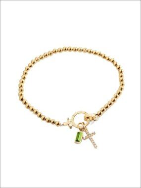 Gold Plated Stainless Steel Beaded Cross Charm Stretch Bracelet for Women CZ